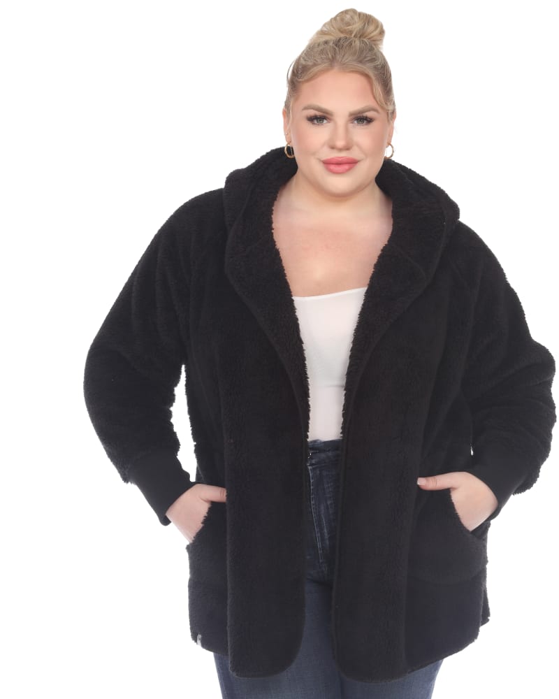 Front of a model wearing a size 3X/4X Plush Hooded Cardigan with Pockets in Black by White Mark. | dia_product_style_image_id:247363